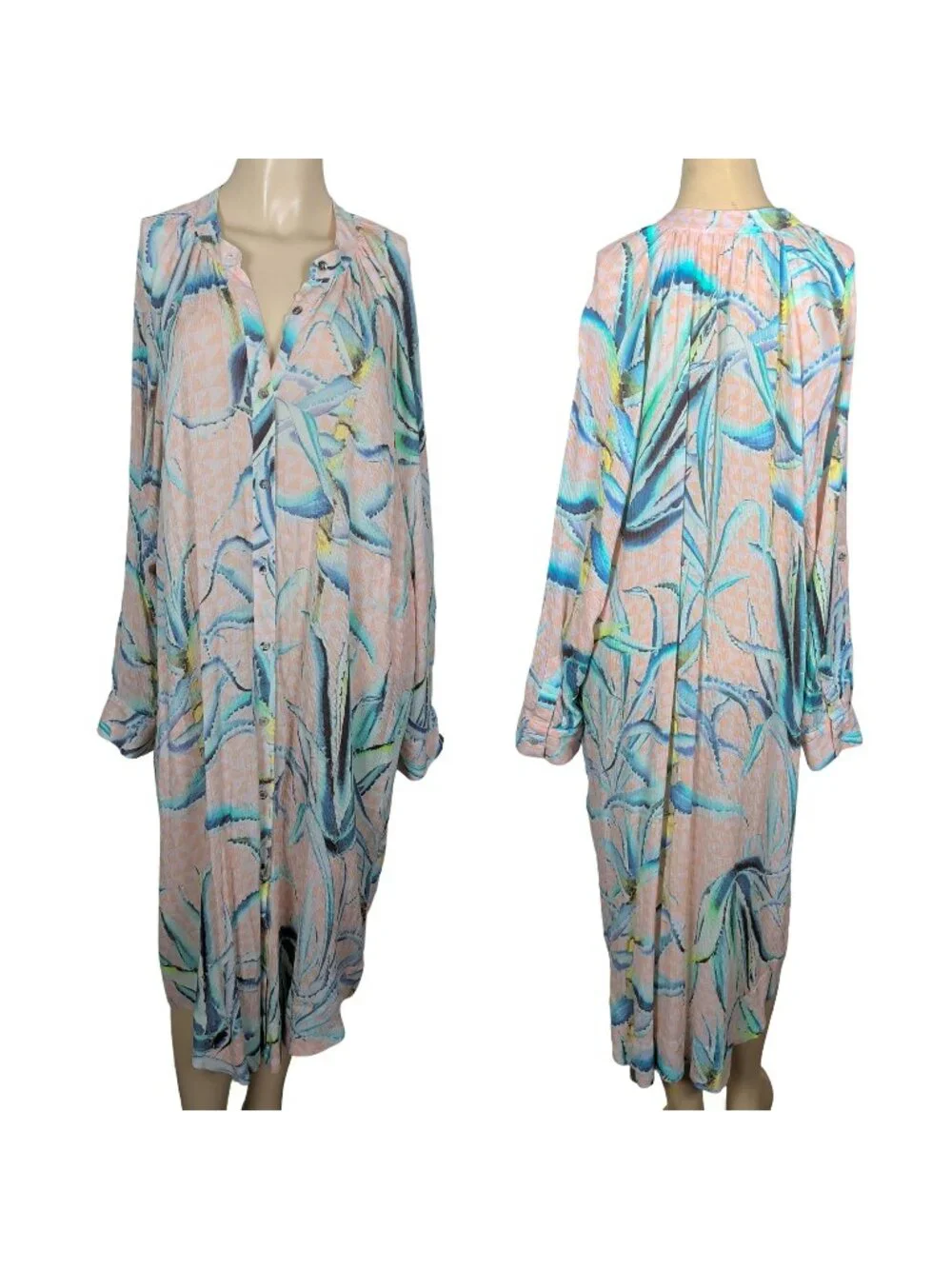 Mara Hoffman Swim Cover Up Dress L Peach Abstract Button Front Tunic Boho Resort